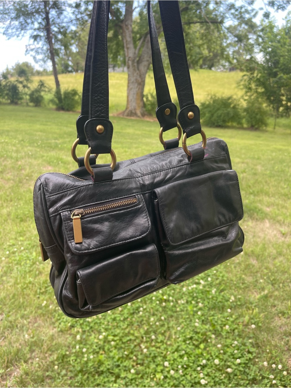 HOBO Black Leather Hobo Shoulder Bag with Front Pockets